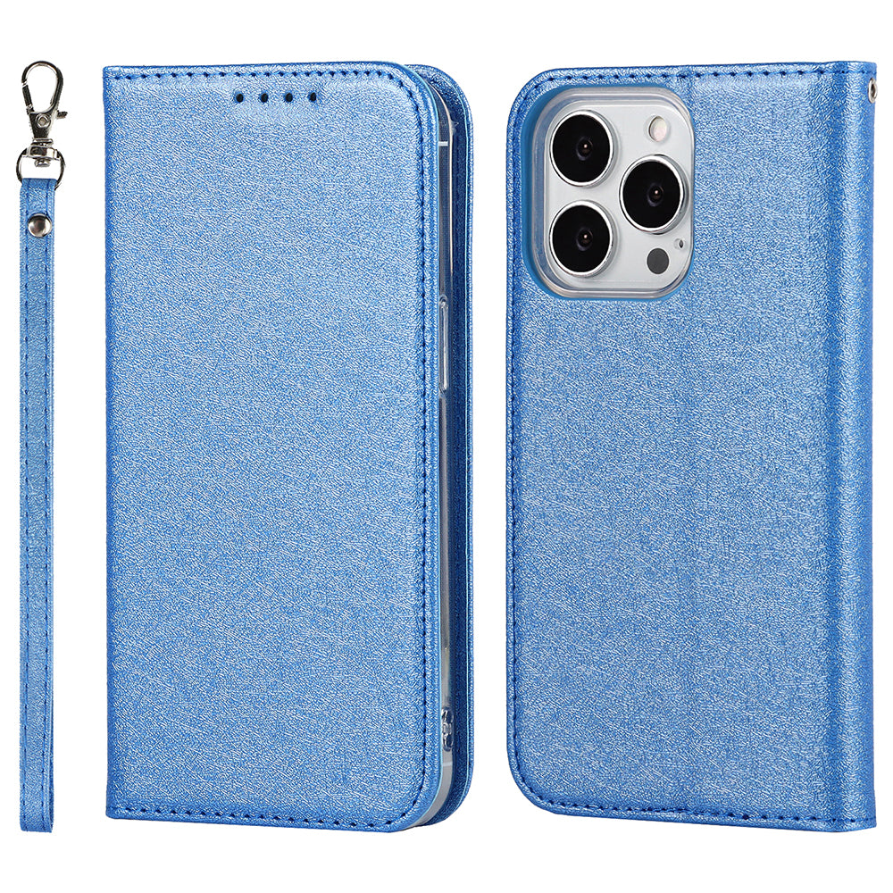 For iPhone 13 Pro 6.1 inch Anti-scratch Phone Case Full Protection Silk Texture Leather Wallet Cover with Strap