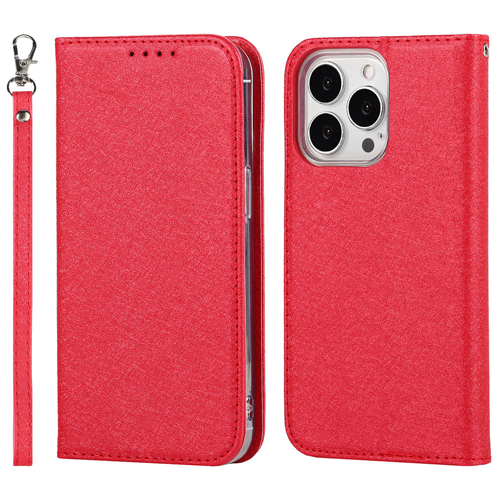 For iPhone 13 Pro 6.1 inch Anti-scratch Phone Case Full Protection Silk Texture Leather Wallet Cover with Strap