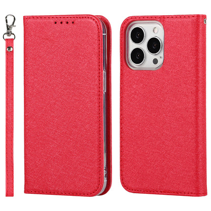 For iPhone 13 Pro 6.1 inch Anti-scratch Phone Case Full Protection Silk Texture Leather Wallet Cover with Strap