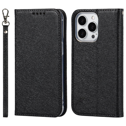 For iPhone 13 Pro 6.1 inch Anti-scratch Phone Case Full Protection Silk Texture Leather Wallet Cover with Strap