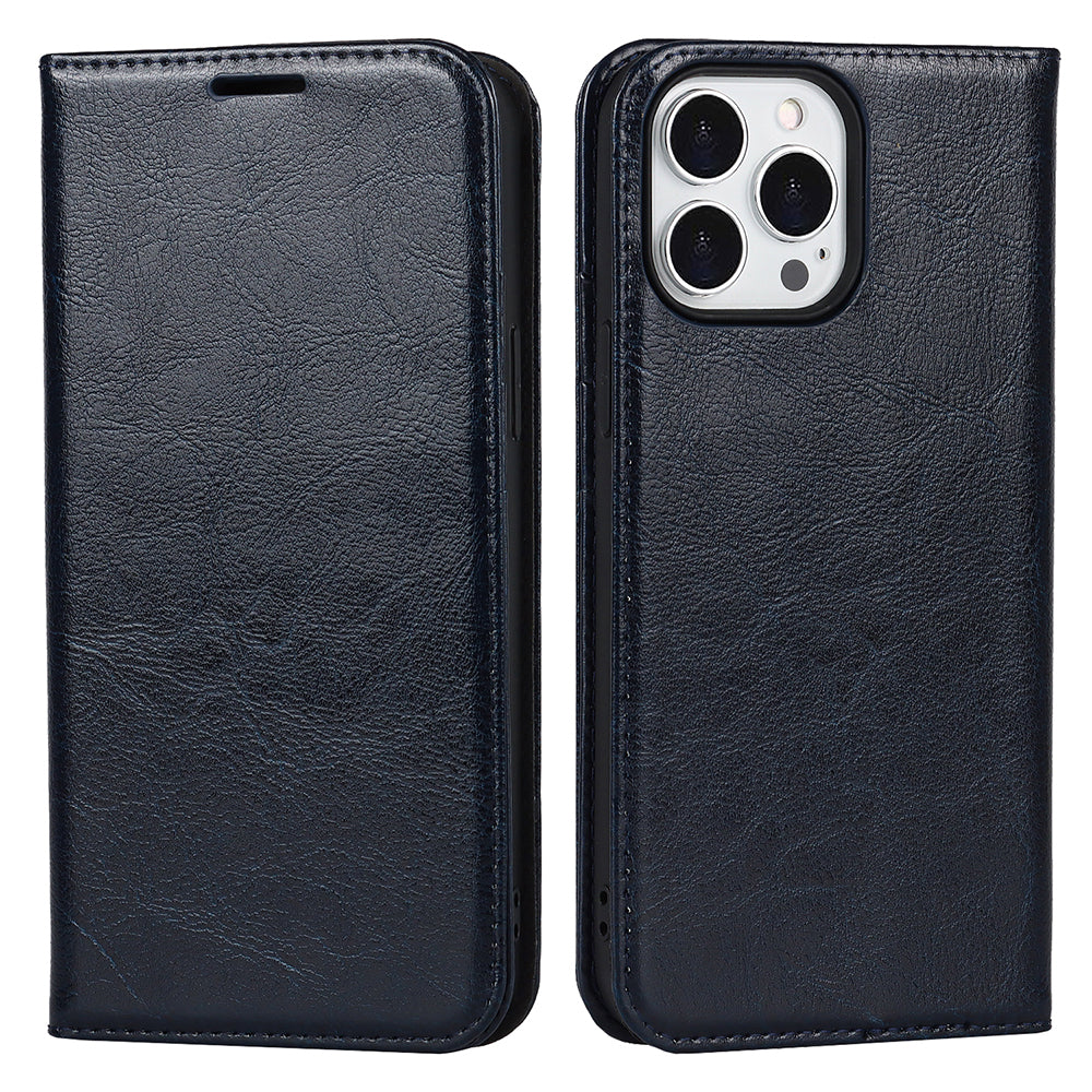 Crazy Horse Genuine Leather Dust-proof Phone Cover Card Slot Wallet Phone Case for iPhone 13 Pro 6.1 inch