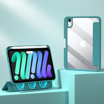 For iPad mini (2021) Shockproof Case PU Leather Magnetic Tablet Cover Transparent Back Tablet Protector with Pencil Holder Support Auto Wake/Sleep