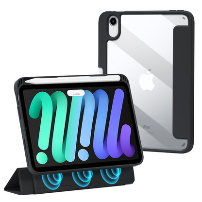 For iPad mini (2021) Shockproof Case PU Leather Magnetic Tablet Cover Transparent Back Tablet Protector with Pencil Holder Support Auto Wake/Sleep