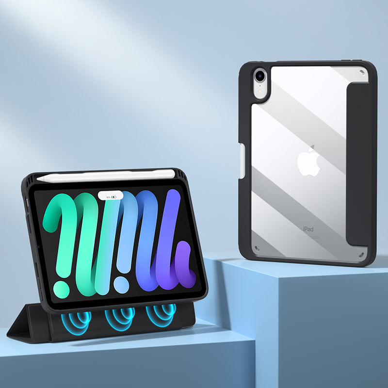 For iPad mini (2021) Shockproof Case PU Leather Magnetic Tablet Cover Transparent Back Tablet Protector with Pencil Holder Support Auto Wake/Sleep