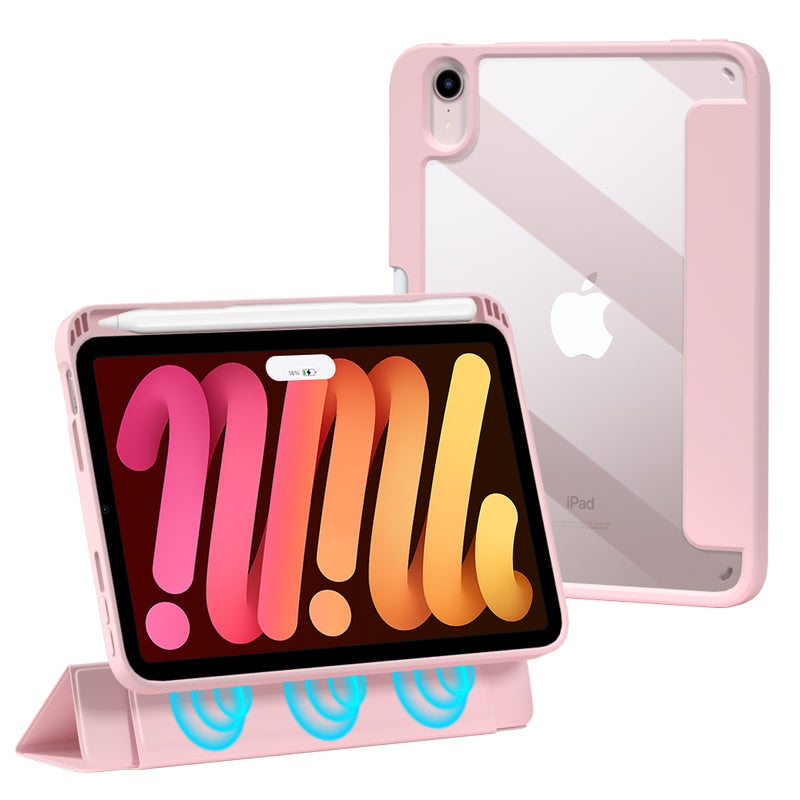 For iPad mini (2021) Shockproof Case PU Leather Magnetic Tablet Cover Transparent Back Tablet Protector with Pencil Holder Support Auto Wake/Sleep