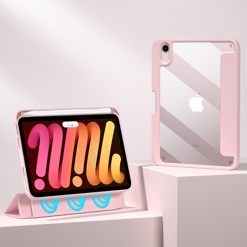 For iPad mini (2021) Shockproof Case PU Leather Magnetic Tablet Cover Transparent Back Tablet Protector with Pencil Holder Support Auto Wake/Sleep