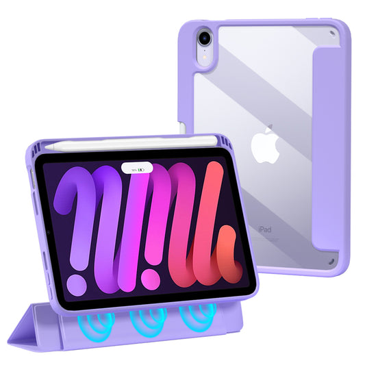 For iPad mini (2021) Shockproof Case PU Leather Magnetic Tablet Cover Transparent Back Tablet Protector with Pencil Holder Support Auto Wake/Sleep