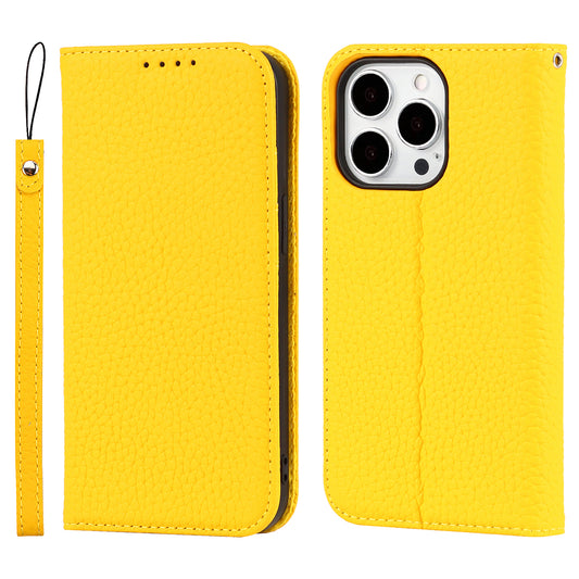 Genuine Leather Litchi Texture Phone Cover Wallet Stand Phone Case with Strap for iPhone 13 Pro 6.1 inch