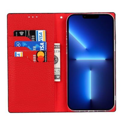 Litchi Texture Genuine Leather Cover Wallet Stand Flip Phone Case with Strap for iPhone 13 Pro 6.1 inch