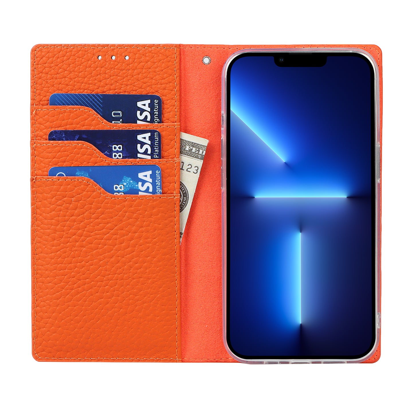 Litchi Texture Genuine Leather Cover Wallet Stand Flip Phone Case with Strap for iPhone 13 Pro 6.1 inch