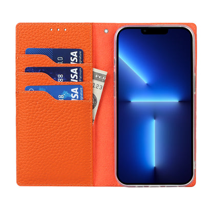 Litchi Texture Genuine Leather Cover Wallet Stand Flip Phone Case with Strap for iPhone 13 Pro 6.1 inch