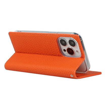 Litchi Texture Genuine Leather Cover Wallet Stand Flip Phone Case with Strap for iPhone 13 Pro 6.1 inch