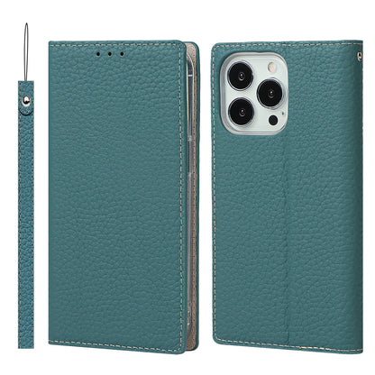 Litchi Texture Genuine Leather Cover Wallet Stand Flip Phone Case with Strap for iPhone 13 Pro 6.1 inch
