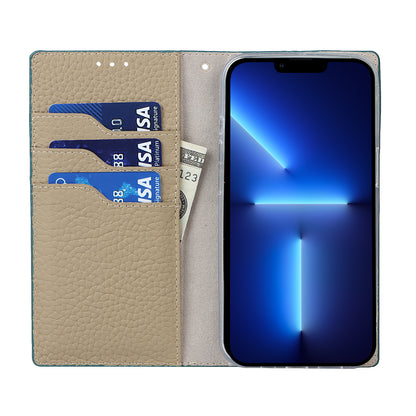 Litchi Texture Genuine Leather Cover Wallet Stand Flip Phone Case with Strap for iPhone 13 Pro 6.1 inch