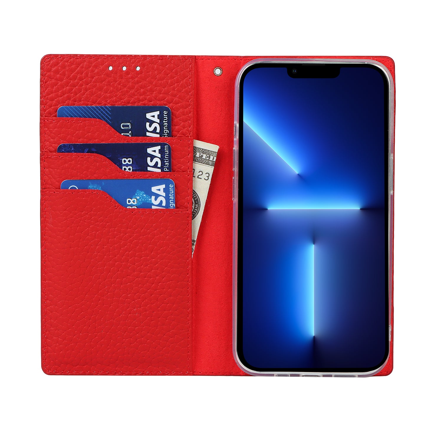 Litchi Texture Genuine Leather Cover Wallet Stand Flip Phone Case with Strap for iPhone 13 Pro 6.1 inch