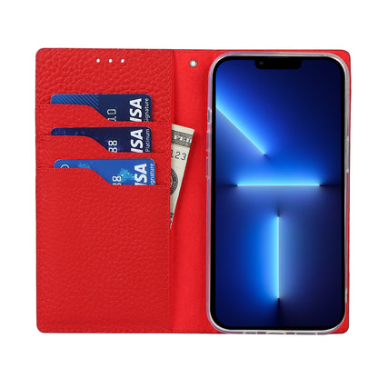 Litchi Texture Genuine Leather Cover Wallet Stand Flip Phone Case with Strap for iPhone 13 Pro 6.1 inch