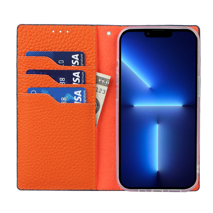 Litchi Texture Genuine Leather Cover Wallet Stand Flip Phone Case with Strap for iPhone 13 Pro 6.1 inch