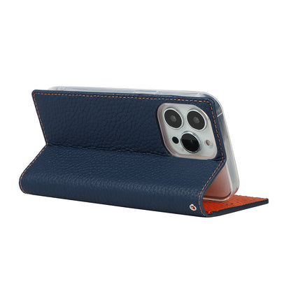 Litchi Texture Genuine Leather Cover Wallet Stand Flip Phone Case with Strap for iPhone 13 Pro 6.1 inch