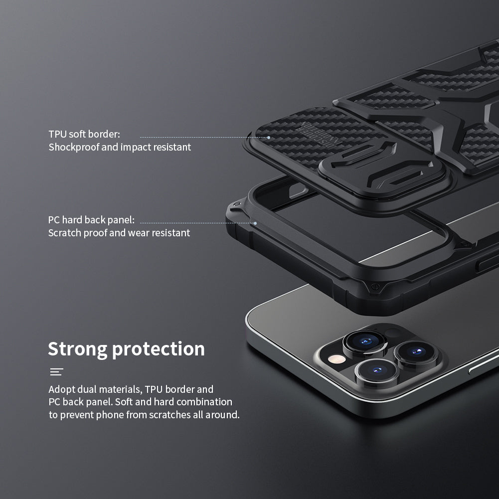 NILLKIN Adventurer Honeycomb Twill Anti Slip Slide Camera Cover Hard Phone Case TPU+PC Phone Protective Cover for iPhone 13 Pro Max 6.7 inch