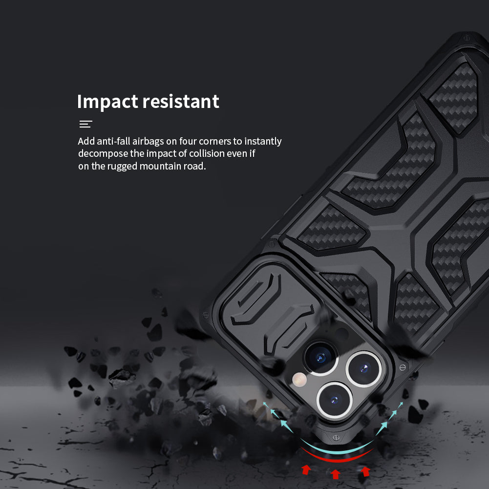 NILLKIN Adventurer Honeycomb Twill Anti Slip Slide Camera Cover Hard Phone Case TPU+PC Phone Protective Cover for iPhone 13 Pro Max 6.7 inch