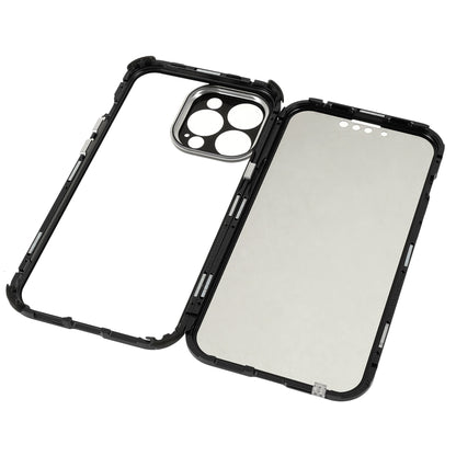 Shock-Absorbed Anti-Spy Double-Sided Tempered Glass + Lock Buckle Design Magnetic Metal Frame Phone Case for iPhone 13 Pro Max 6.7 inch