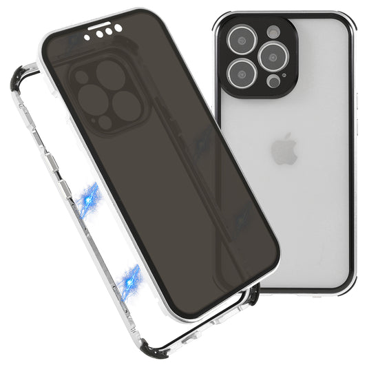 Shock-Absorbed Anti-Spy Double-Sided Tempered Glass + Lock Buckle Design Magnetic Metal Frame Phone Case for iPhone 13 Pro Max 6.7 inch