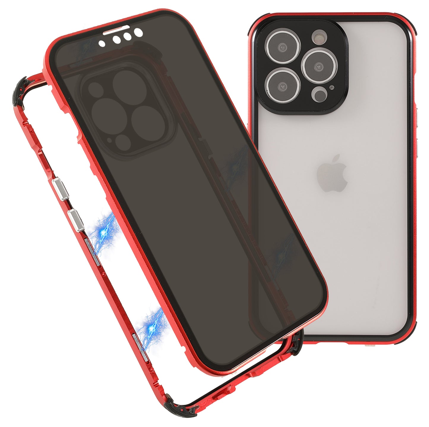 Shock-Absorbed Anti-Spy Double-Sided Tempered Glass + Lock Buckle Design Magnetic Metal Frame Phone Case for iPhone 13 Pro Max 6.7 inch