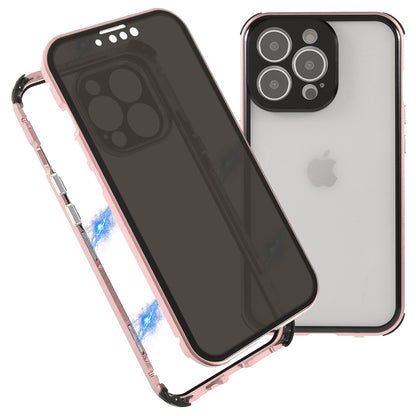 Shock-Absorbed Anti-Spy Double-Sided Tempered Glass + Lock Buckle Design Magnetic Metal Frame Phone Case for iPhone 13 Pro Max 6.7 inch