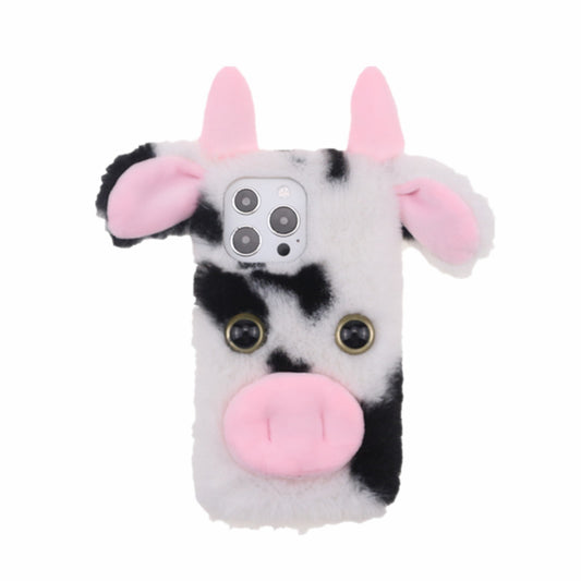 Cute 3D Funny Cartoon Milk Cow Handmade Fluffy Furry Plush Soft Flexible TPU Case for iPhone 13 Pro Max 6.7 inch