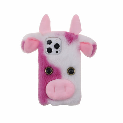 Cute 3D Funny Cartoon Milk Cow Handmade Fluffy Furry Plush Soft Flexible TPU Case for iPhone 13 Pro Max 6.7 inch