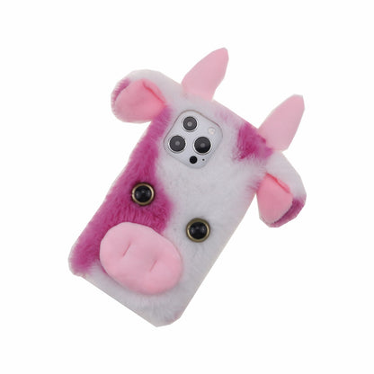 Cute 3D Funny Cartoon Milk Cow Handmade Fluffy Furry Plush Soft Flexible TPU Case for iPhone 13 Pro Max 6.7 inch