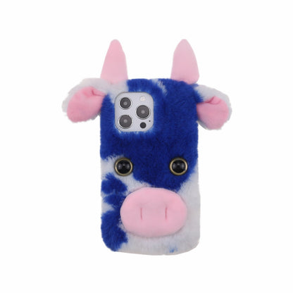 Cute 3D Funny Cartoon Milk Cow Handmade Fluffy Furry Plush Soft Flexible TPU Case for iPhone 13 Pro Max 6.7 inch