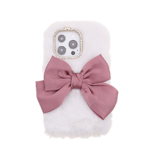 Cute 3D Bowknot Fuzzy Furry Warm Plush Fluffy Fur Soft TPU Back Case with Bling Rhinestone for iPhone 13 Pro 6.1 inch