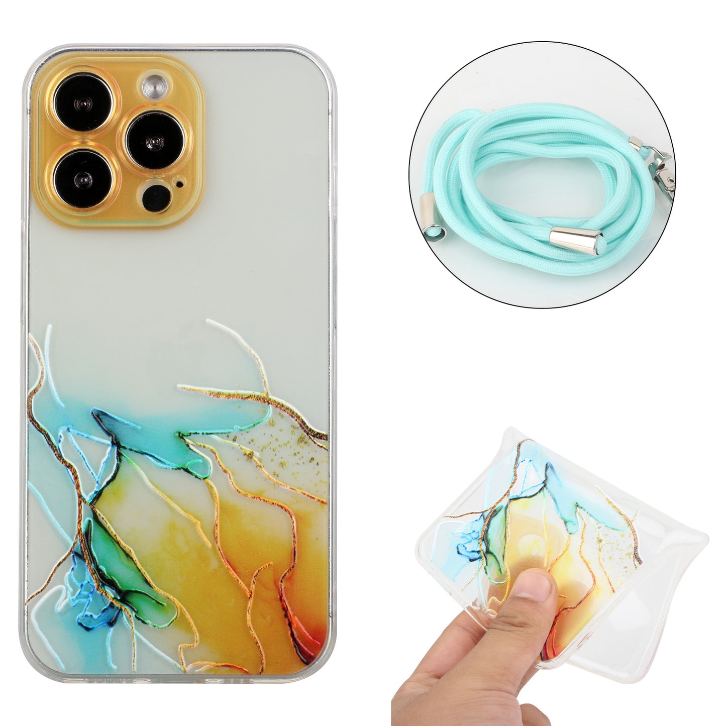 Multi-Color Embossing Marble Pattern Printing Design Anti-Collision Flexible TPU Case with Adjustable Long Lanyard for iPhone 13 Pro Max 6.7 inch