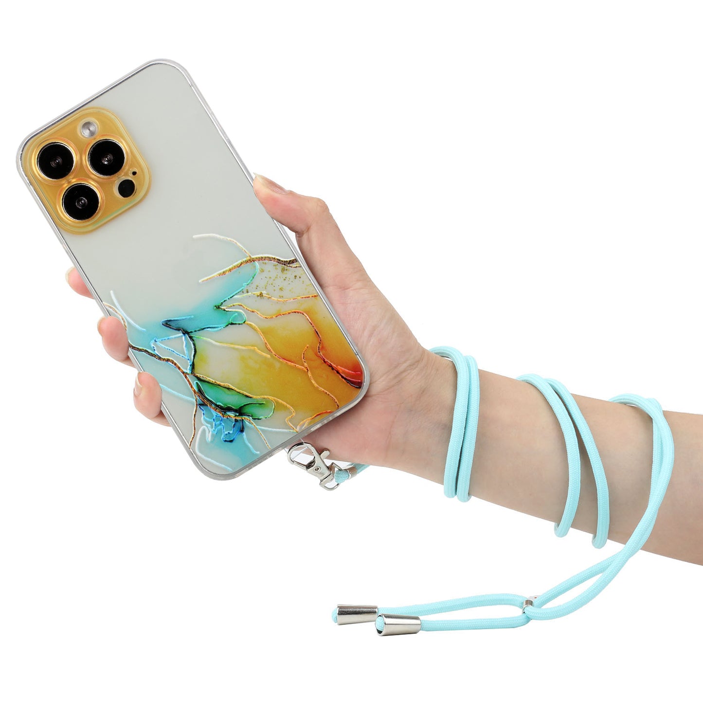 Multi-Color Embossing Marble Pattern Printing Design Anti-Collision Flexible TPU Case with Adjustable Long Lanyard for iPhone 13 Pro Max 6.7 inch