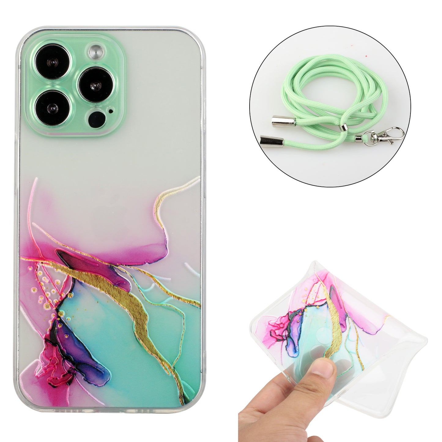 Multi-Color Embossing Marble Pattern Printing Design Anti-Collision Flexible TPU Case with Adjustable Long Lanyard for iPhone 13 Pro Max 6.7 inch