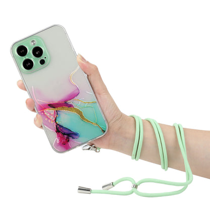 Multi-Color Embossing Marble Pattern Printing Design Anti-Collision Flexible TPU Case with Adjustable Long Lanyard for iPhone 13 Pro Max 6.7 inch