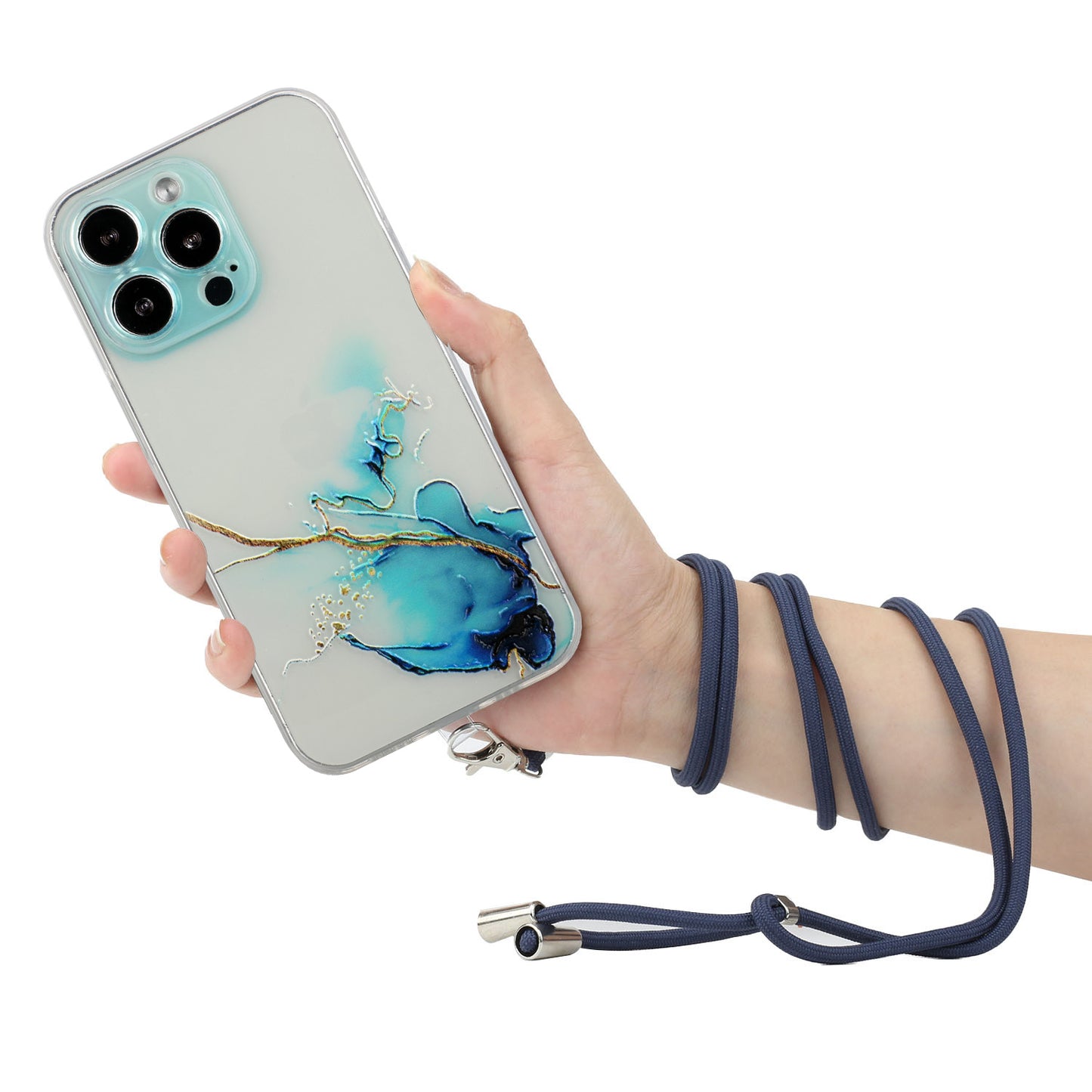 Multi-Color Embossing Marble Pattern Printing Design Anti-Collision Flexible TPU Case with Adjustable Long Lanyard for iPhone 13 Pro Max 6.7 inch