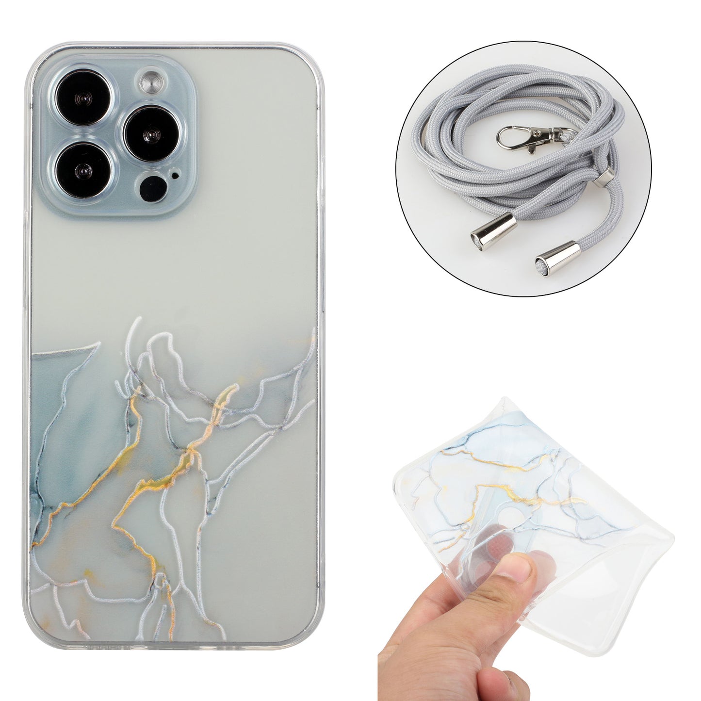 Multi-Color Embossing Marble Pattern Printing Design Anti-Collision Flexible TPU Case with Adjustable Long Lanyard for iPhone 13 Pro Max 6.7 inch