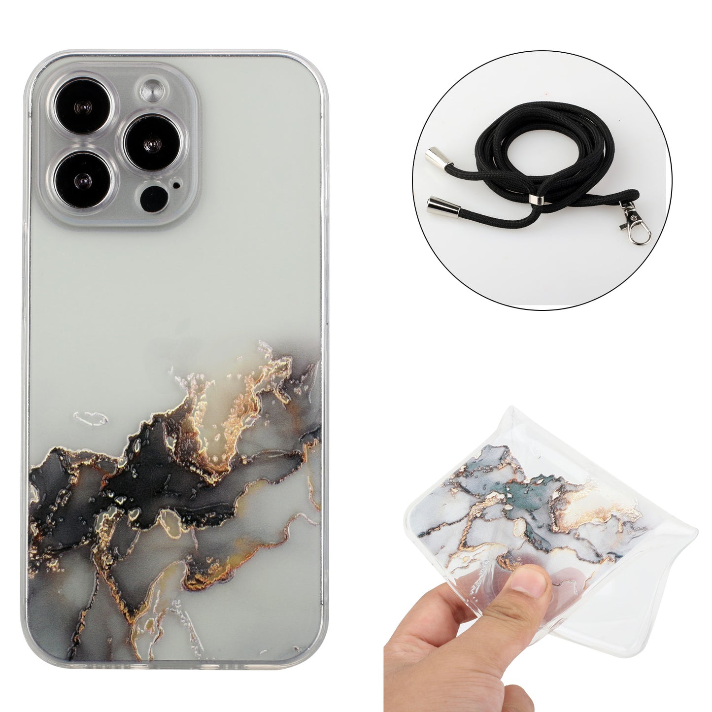 Multi-Color Embossing Marble Pattern Printing Design Anti-Collision Flexible TPU Case with Adjustable Long Lanyard for iPhone 13 Pro Max 6.7 inch