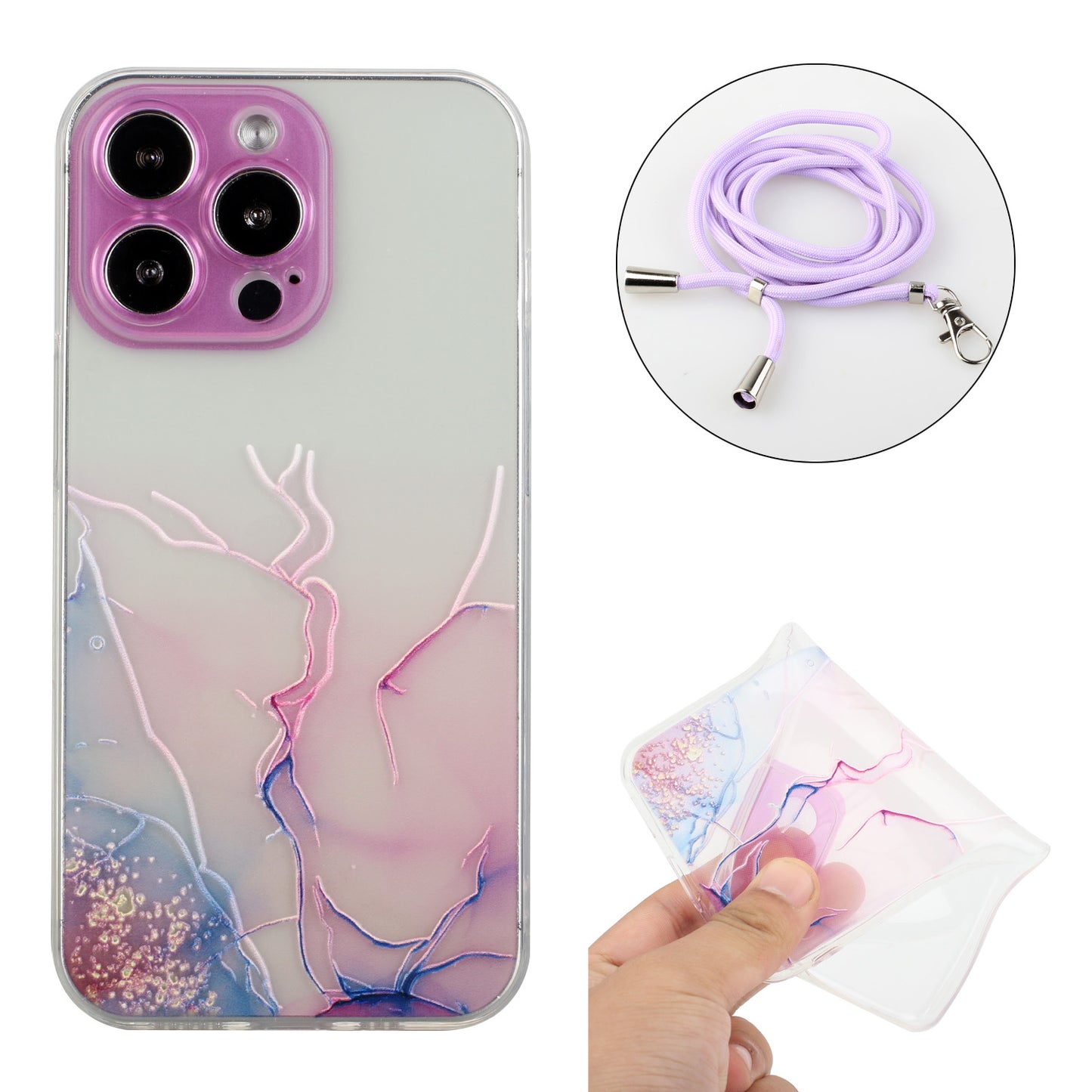 Multi-Color Embossing Marble Pattern Printing Design Anti-Collision Flexible TPU Case with Adjustable Long Lanyard for iPhone 13 Pro Max 6.7 inch