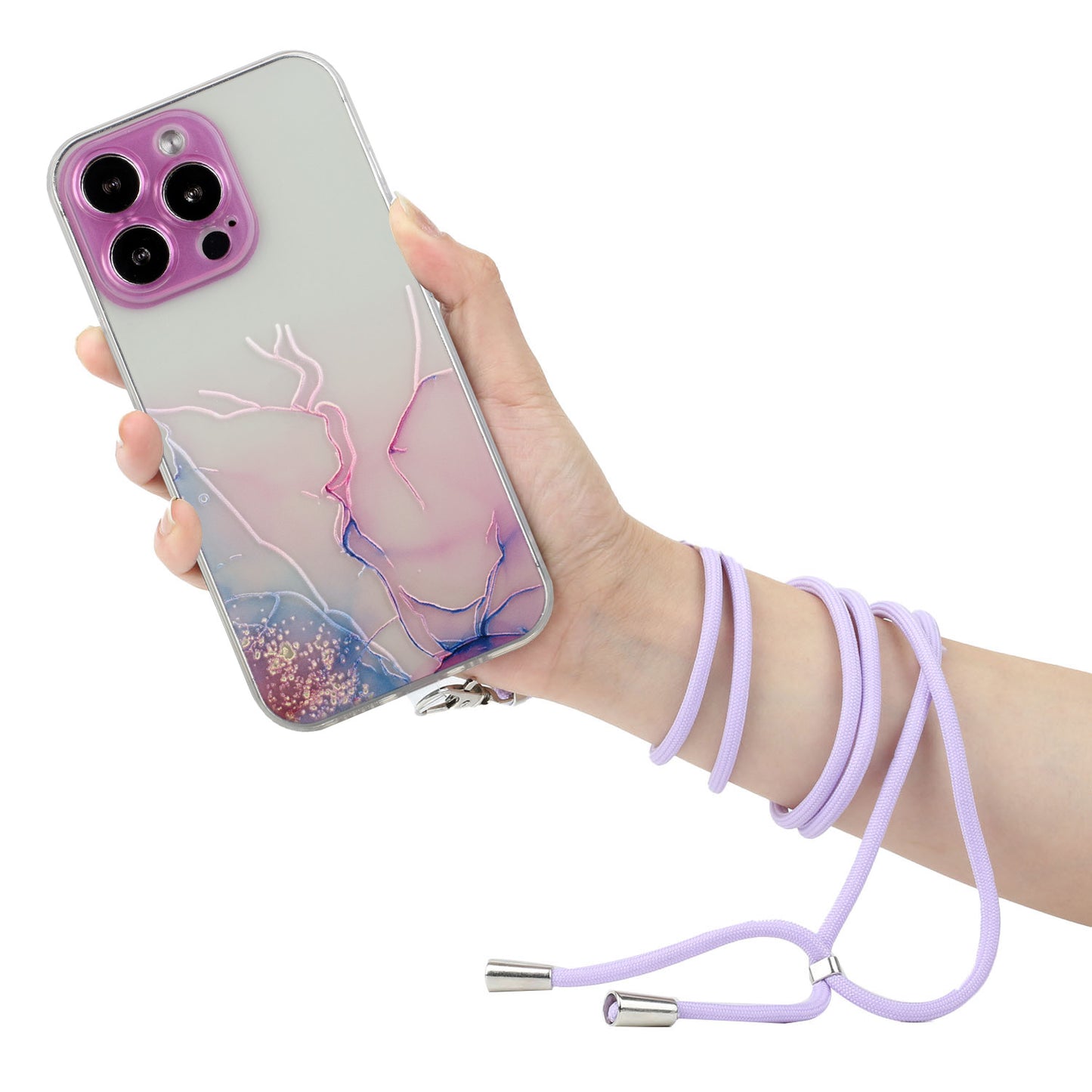 Multi-Color Embossing Marble Pattern Printing Design Anti-Collision Flexible TPU Case with Adjustable Long Lanyard for iPhone 13 Pro Max 6.7 inch