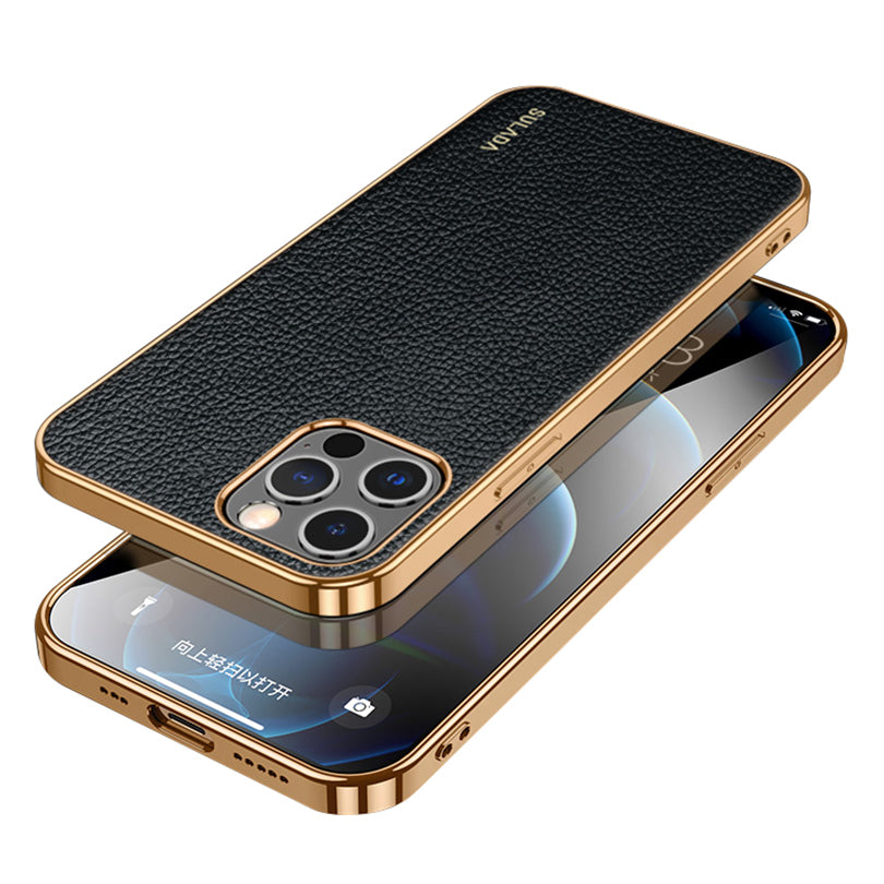 SULADA Electroplating Frame Well-Protected Litchi Texture PU Leather Coated Hybrid Phone Case for iPhone 13 Pro Max 6.7 inch