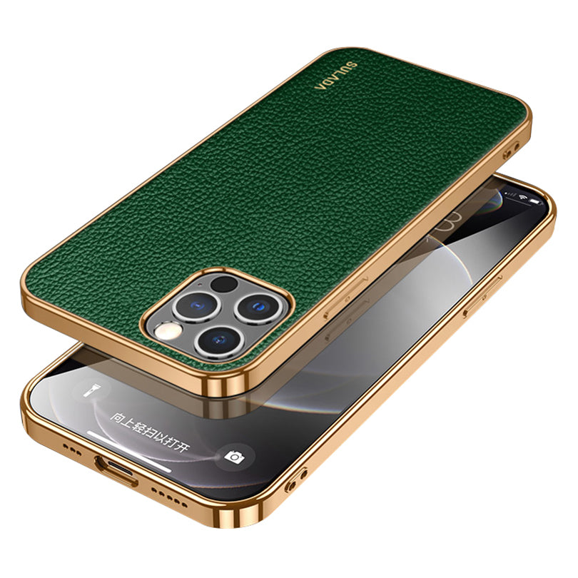 SULADA Electroplating Frame Well-Protected Litchi Texture PU Leather Coated Hybrid Phone Case for iPhone 13 Pro Max 6.7 inch