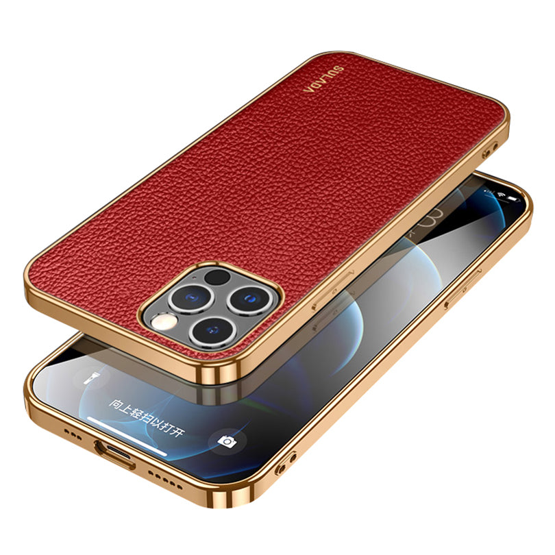 SULADA Electroplating Frame Well-Protected Litchi Texture PU Leather Coated Hybrid Phone Case for iPhone 13 Pro Max 6.7 inch