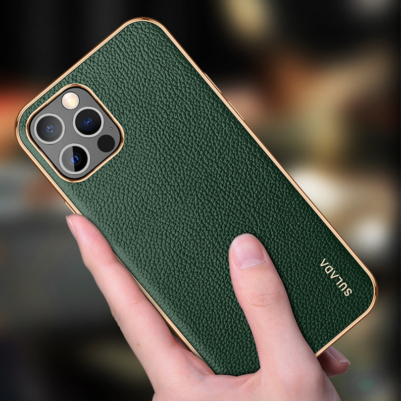 SULADA Electroplating Frame Well-Protected Litchi Texture PU Leather Coated Hybrid Phone Case for iPhone 13 Pro Max 6.7 inch