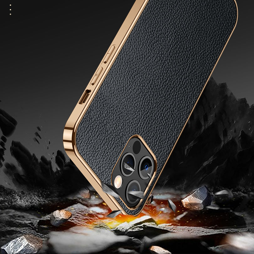 SULADA Electroplating Frame Well-Protected Litchi Texture PU Leather Coated Hybrid Phone Case for iPhone 13 Pro Max 6.7 inch