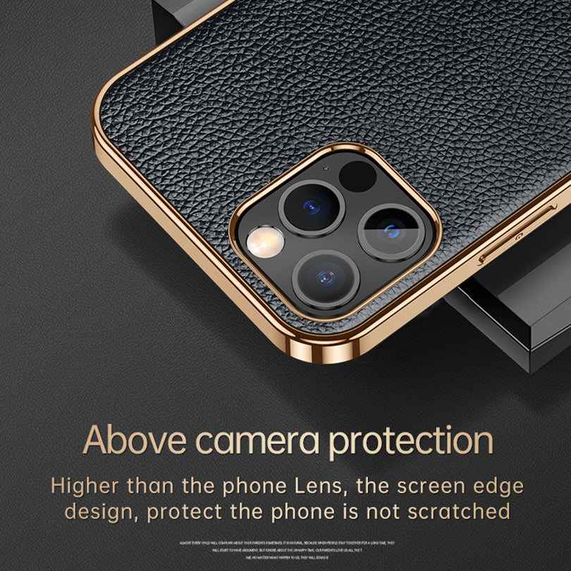 SULADA Electroplating Frame Well-Protected Litchi Texture PU Leather Coated Hybrid Phone Case for iPhone 13 Pro Max 6.7 inch