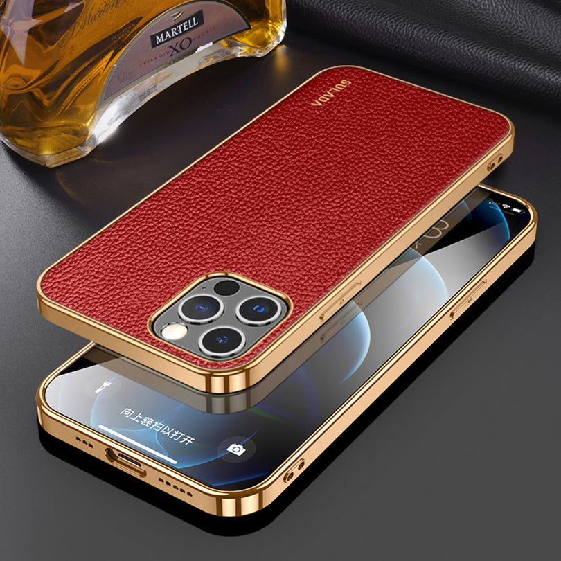 SULADA Electroplating Frame Well-Protected Litchi Texture PU Leather Coated Hybrid Phone Case for iPhone 13 Pro Max 6.7 inch