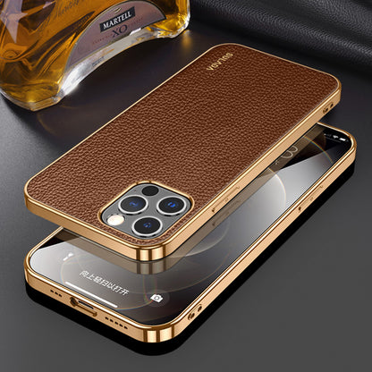 SULADA Electroplating Frame Well-Protected Litchi Texture PU Leather Coated Hybrid Phone Case for iPhone 13 Pro Max 6.7 inch
